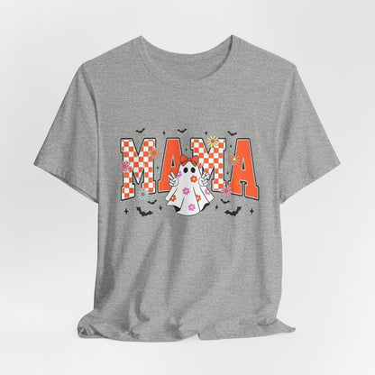 Mama Halloween T-Shirt — Cute Ghost & Checkerboard Lettering