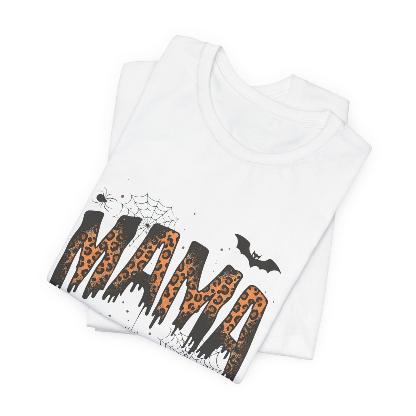 Mama Halloween Tee — Leopard Drip "MAMA" with Bats & Spiders Halloween Shirt