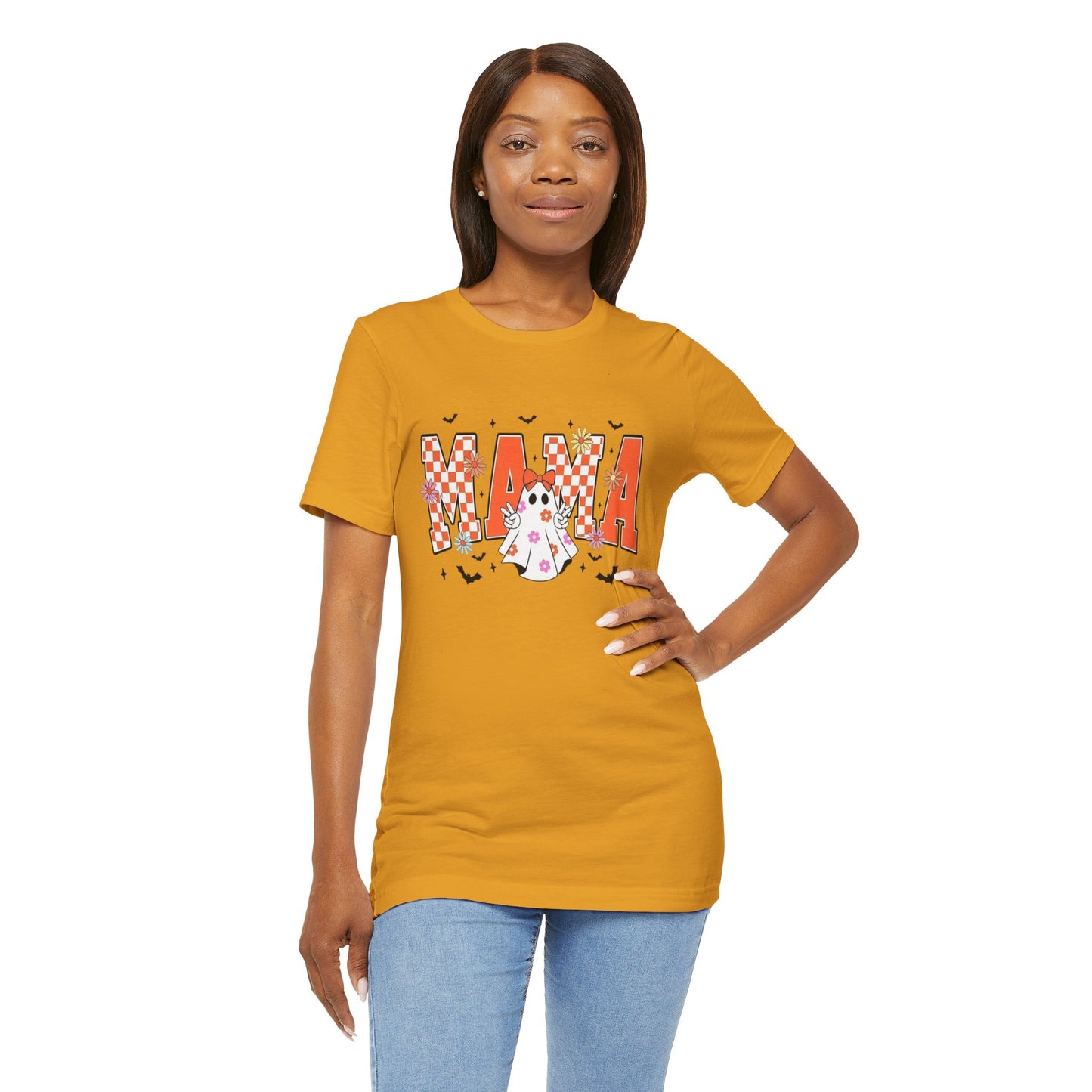 Mama Halloween T-Shirt — Cute Ghost & Checkerboard Lettering