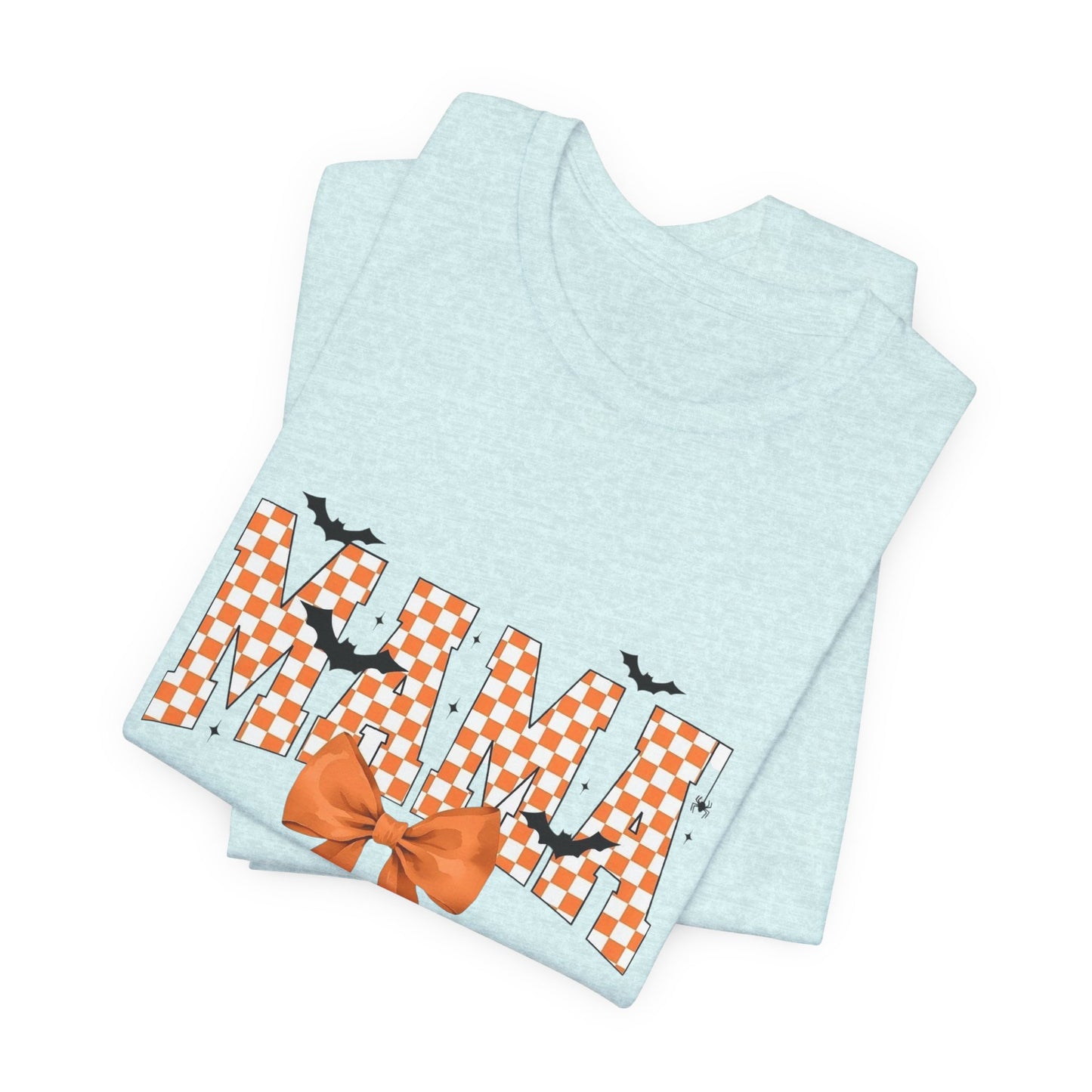 Mami Halloween Tee — Orange Checker 'MAMI' with Bow & Bats