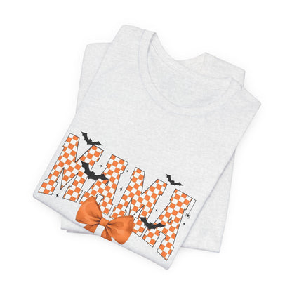 Mami Halloween Tee — Orange Checker 'MAMI' with Bow & Bats
