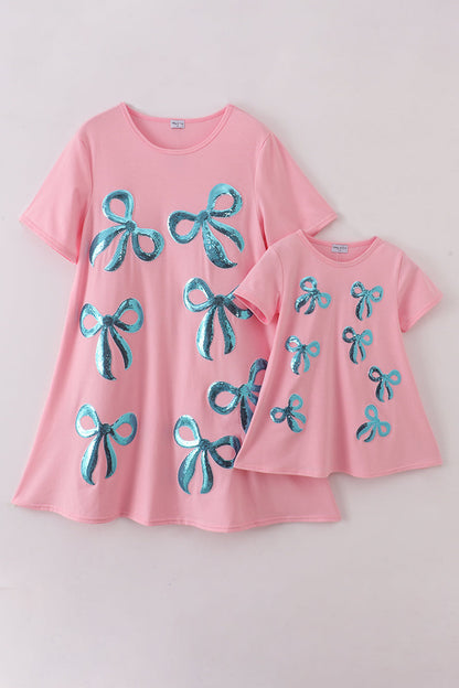 Pink Bow Sequin Mommy & Me Matching Dress Set | Mother Daughter Sparkle Party Outfit