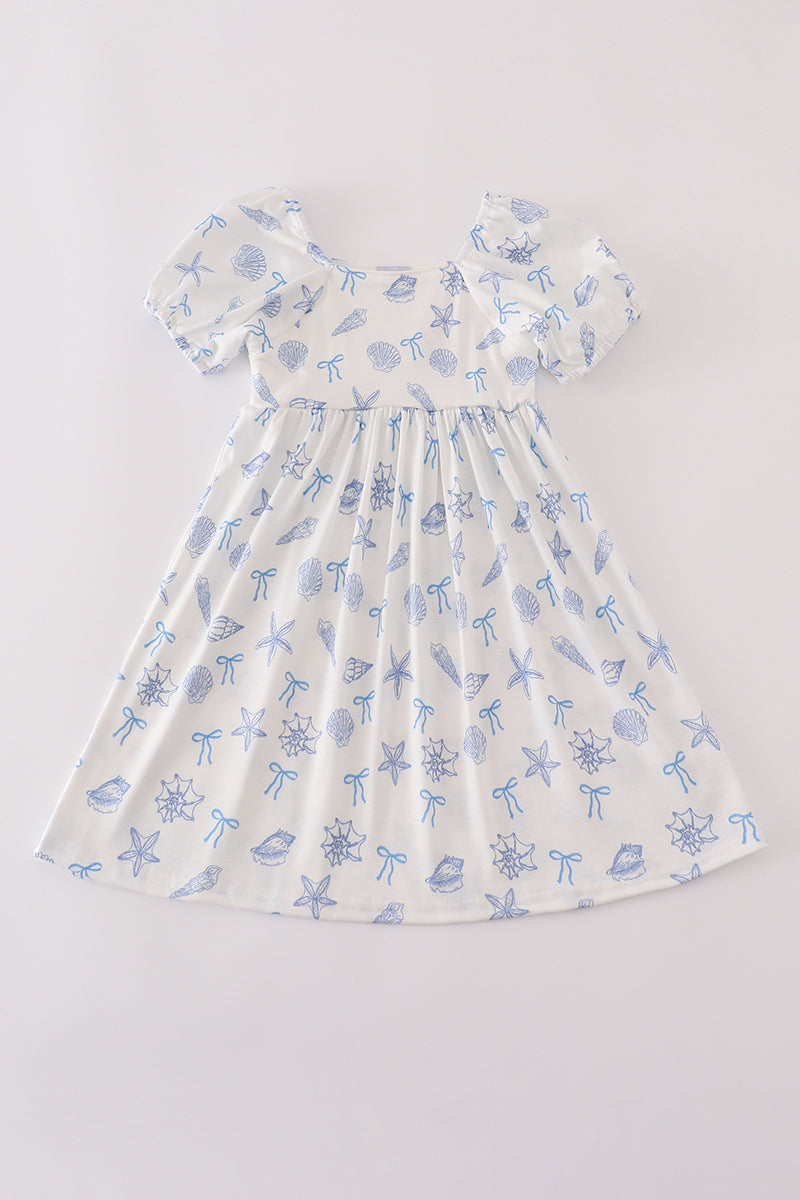 Blue Seashell Bow Mommy & Me Matching Dress Set | Mother Daughter Beach Summer Outfit