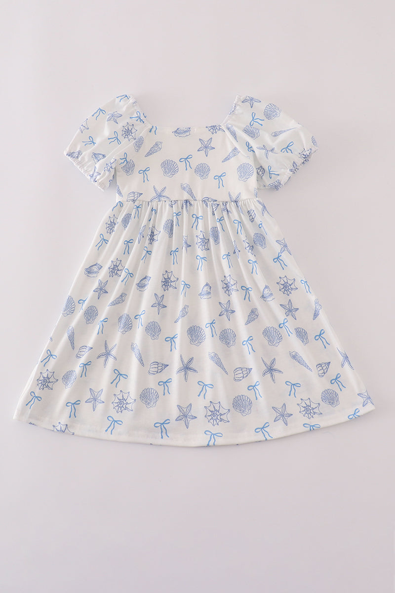 Blue Seashell Bow Mommy & Me Matching Dress Set | Mother Daughter Beach Summer Outfit