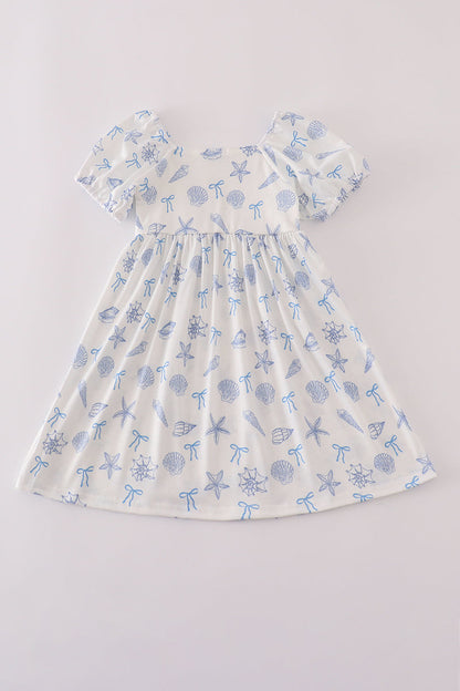 Blue Seashell Bow Mommy & Me Matching Dress Set | Mother Daughter Beach Summer Outfit