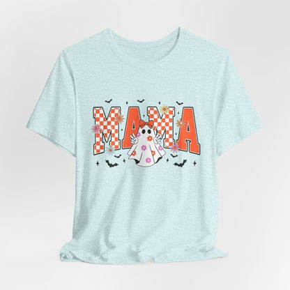 Mama Halloween T-Shirt — Cute Ghost & Checkerboard Lettering