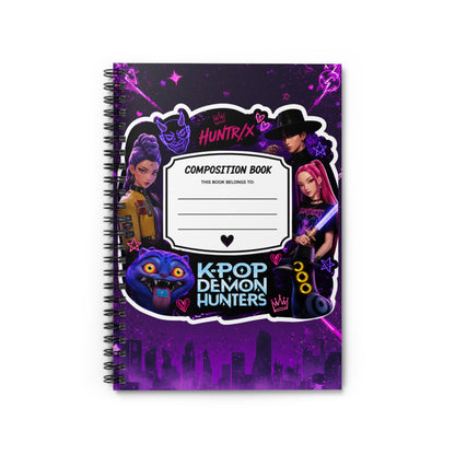 K-Pop Demon Hunters Spiral Notebook — Ruled Composition Book (Purple Neon Anime Design)