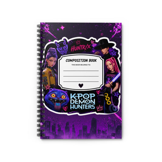 K-Pop Demon Hunters Spiral Notebook — Ruled Composition Book (Purple Neon Anime Design)