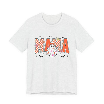 Mama Halloween T-Shirt — Cute Ghost & Checkerboard Lettering
