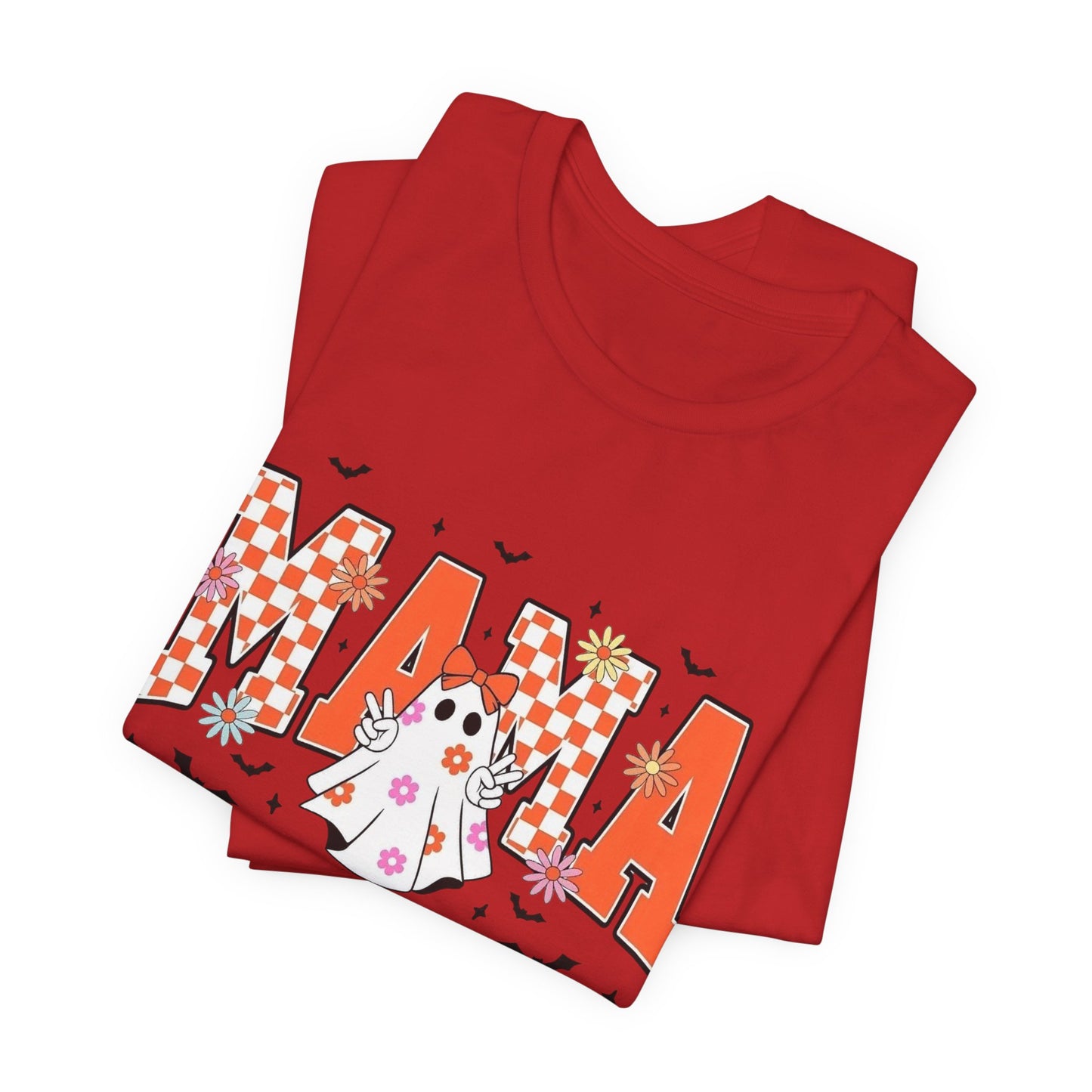 Mama Halloween T-Shirt — Cute Ghost & Checkerboard Lettering