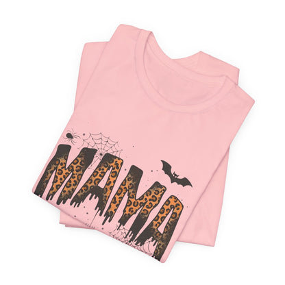 Mama Halloween Tee — Leopard Drip "MAMA" with Bats & Spiders Halloween Shirt