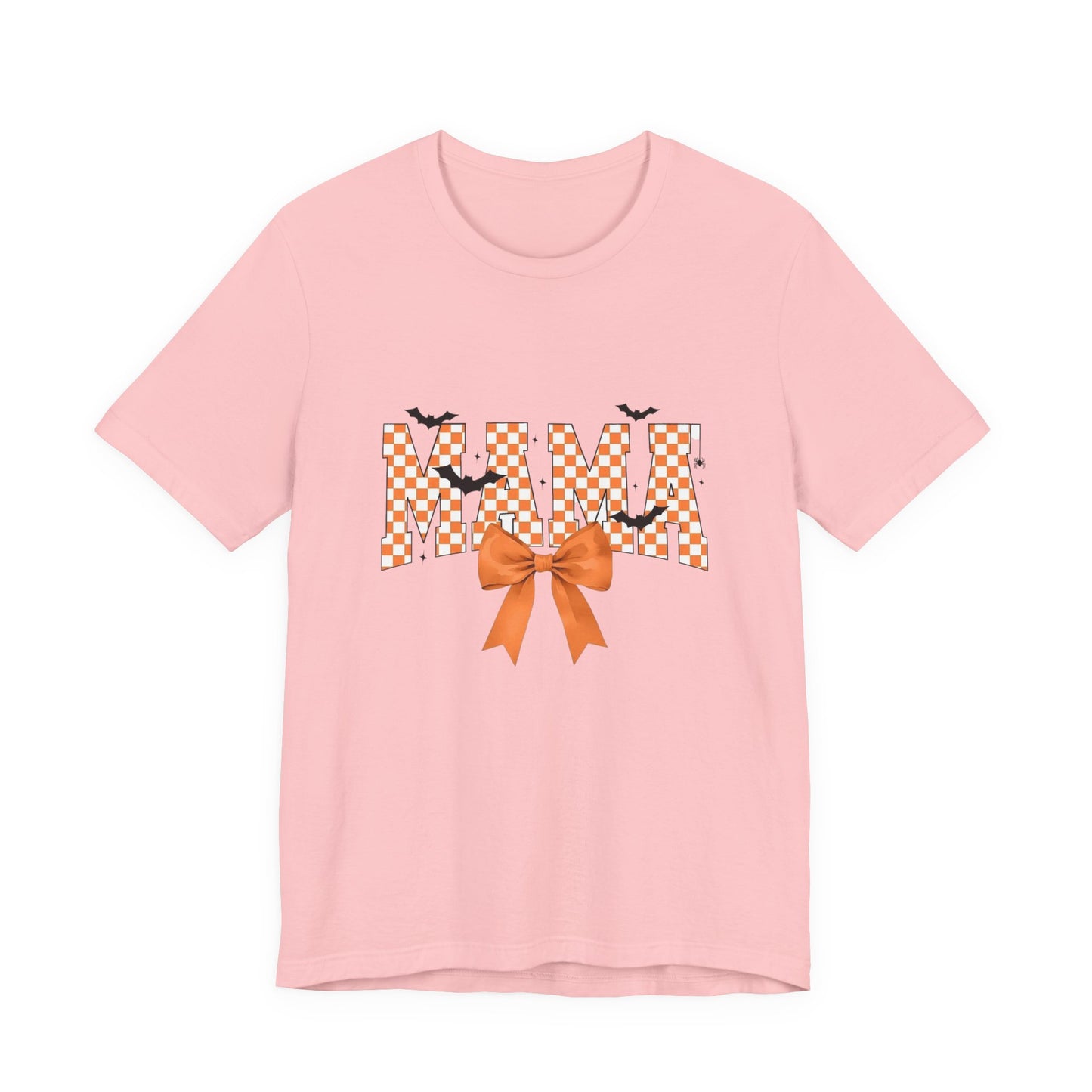 Mami Halloween Tee — Orange Checker 'MAMI' with Bow & Bats