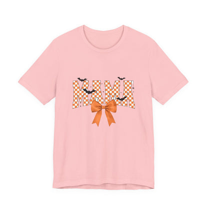 Mami Halloween Tee — Orange Checker 'MAMI' with Bow & Bats