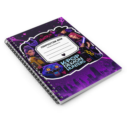 K-Pop Demon Hunters Spiral Notebook — Ruled Composition Book (Purple Neon Anime Design)