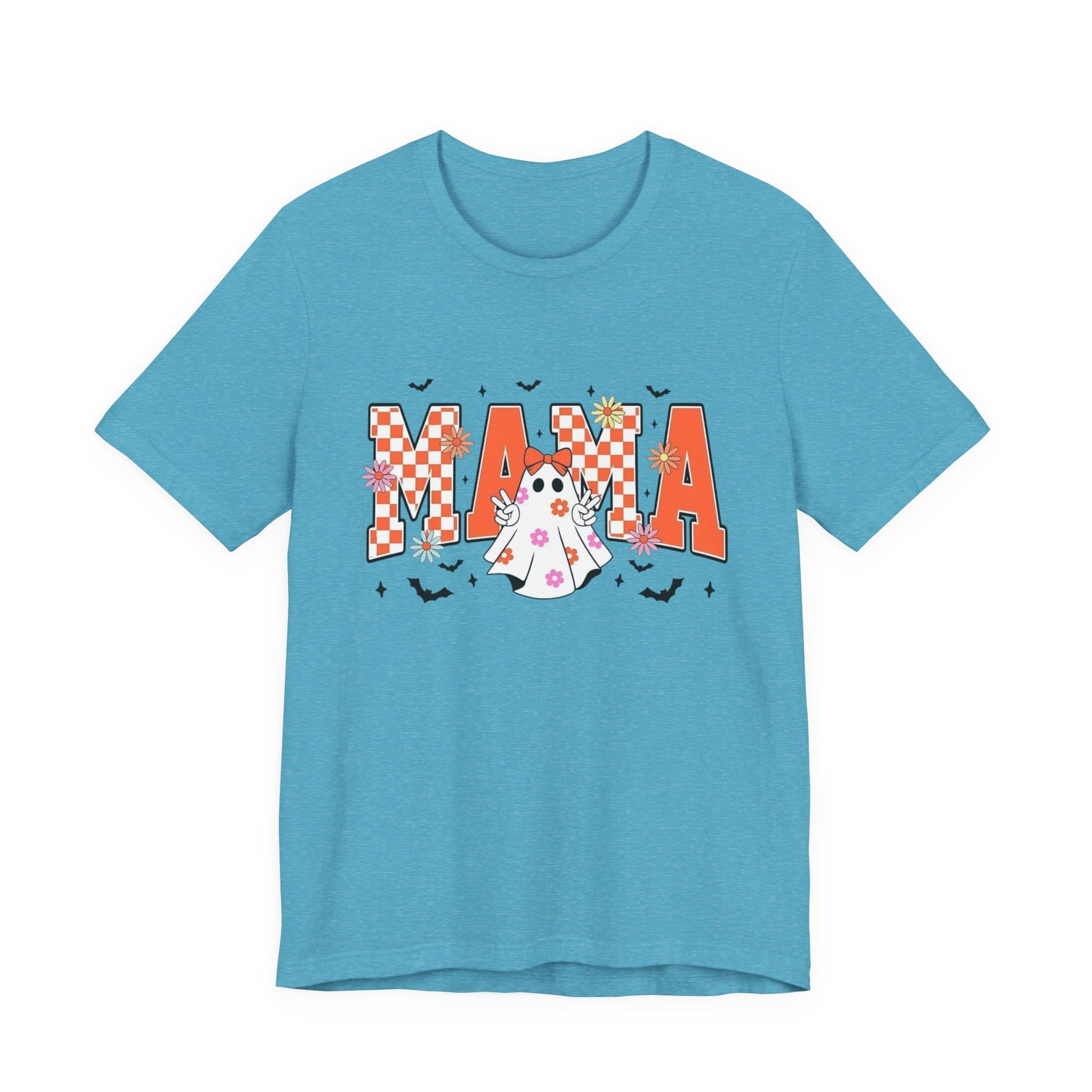 Mama Halloween T-Shirt — Cute Ghost & Checkerboard Lettering