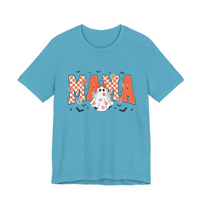 Mama Halloween T-Shirt — Cute Ghost & Checkerboard Lettering