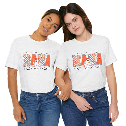 Mama Halloween T-Shirt — Cute Ghost & Checkerboard Lettering