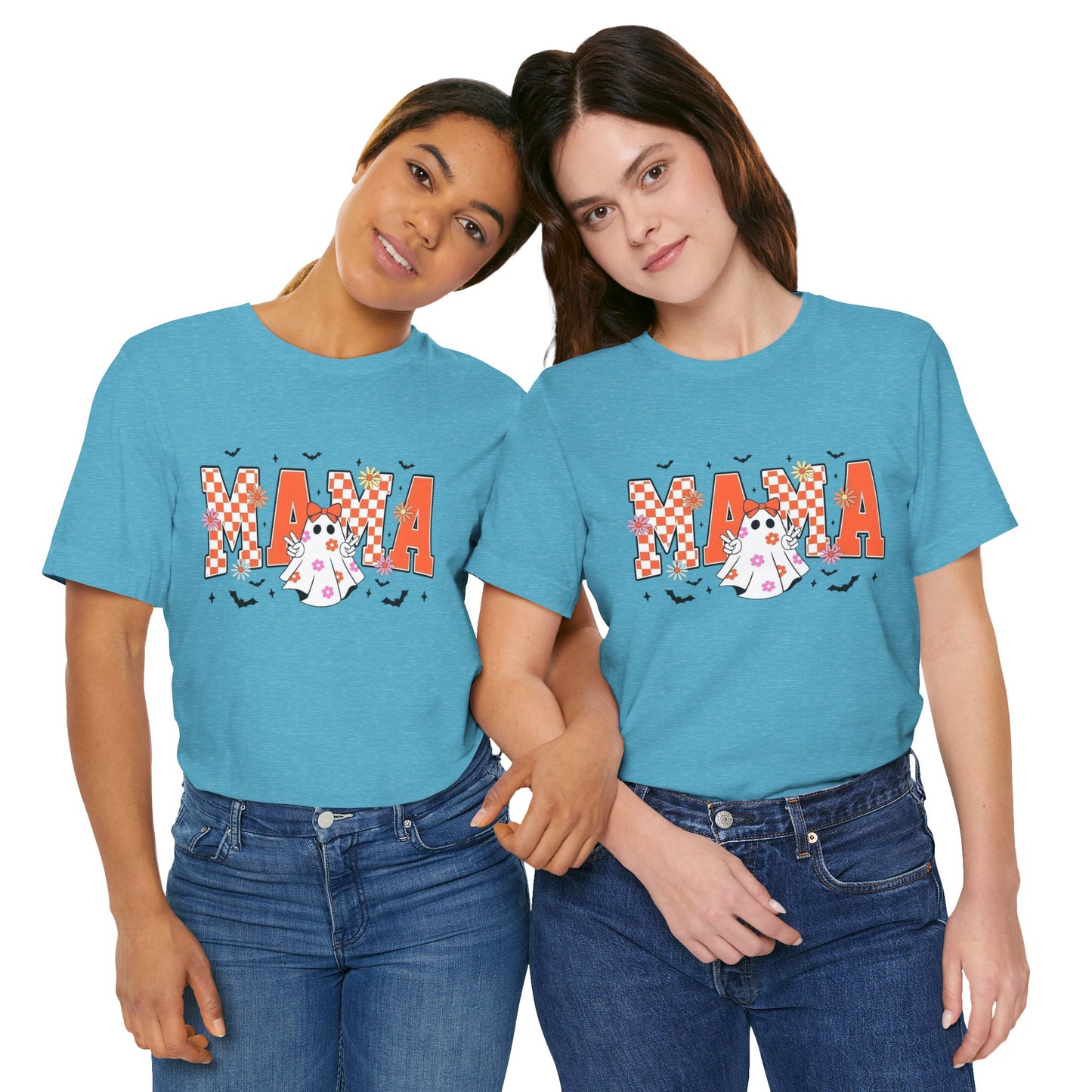 Mama Halloween T-Shirt — Cute Ghost & Checkerboard Lettering