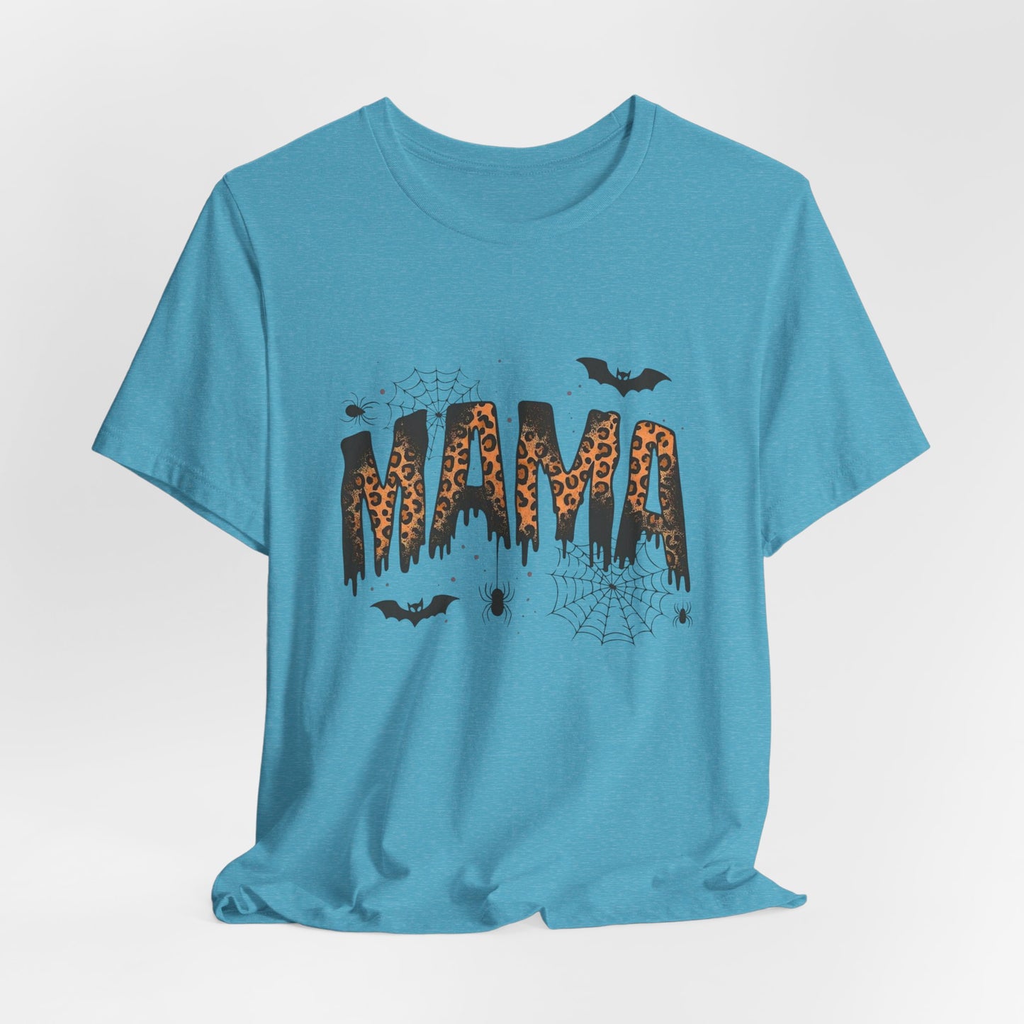 Mama Halloween Tee — Leopard Drip "MAMA" with Bats & Spiders Halloween Shirt