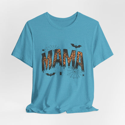 Mama Halloween Tee — Leopard Drip "MAMA" with Bats & Spiders Halloween Shirt
