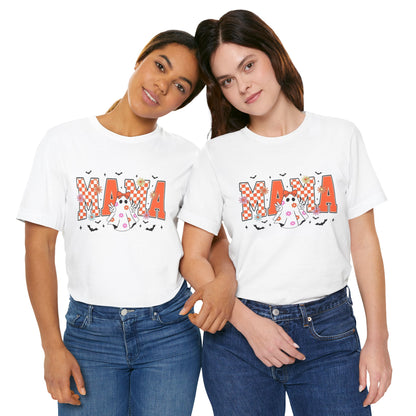 Mama Halloween T-Shirt — Cute Ghost & Checkerboard Lettering