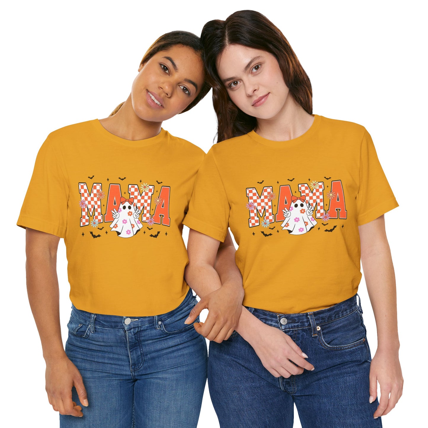 Mama Halloween T-Shirt — Cute Ghost & Checkerboard Lettering