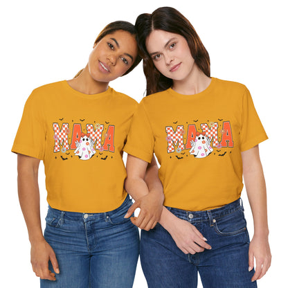 Mama Halloween T-Shirt — Cute Ghost & Checkerboard Lettering