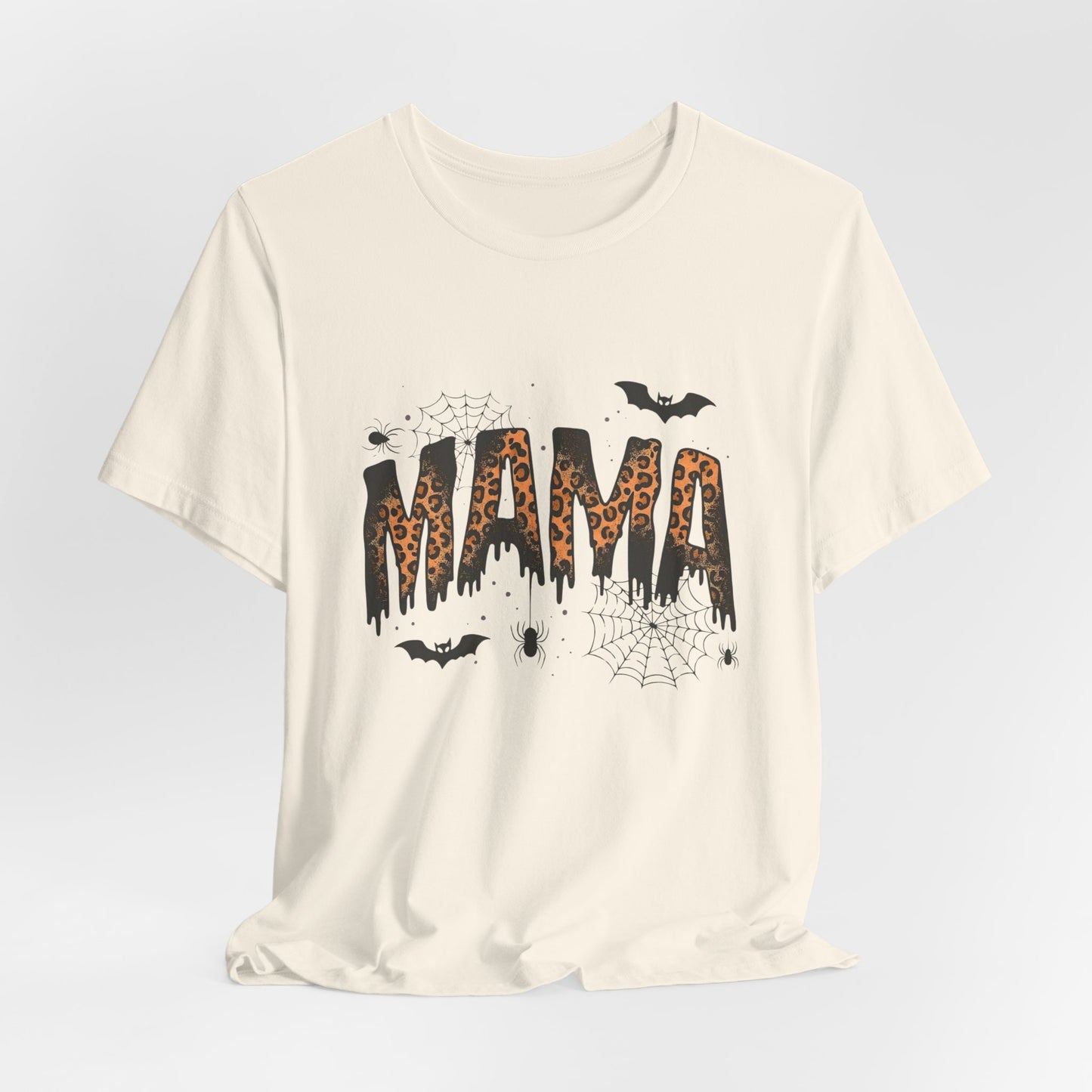 Mama Halloween Tee — Leopard Drip "MAMA" with Bats & Spiders Halloween Shirt