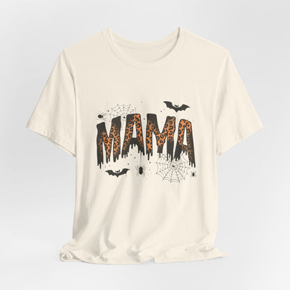 Mama Halloween Tee — Leopard Drip "MAMA" with Bats & Spiders Halloween Shirt