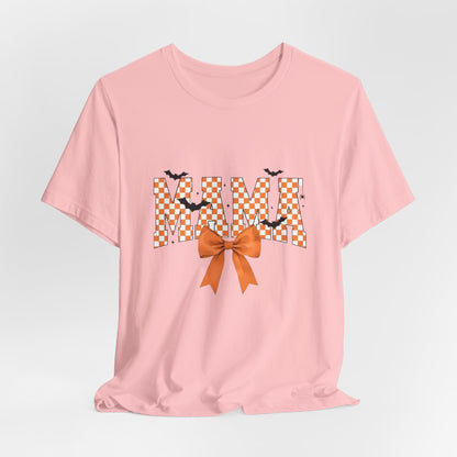 Mami Halloween Tee — Orange Checker 'MAMI' with Bow & Bats