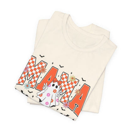 Mama Halloween T-Shirt — Cute Ghost & Checkerboard Lettering