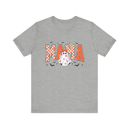 Mama Halloween T-Shirt — Cute Ghost & Checkerboard Lettering