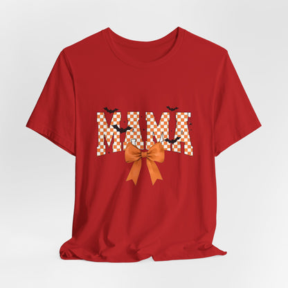Mami Halloween Tee — Orange Checker 'MAMI' with Bow & Bats