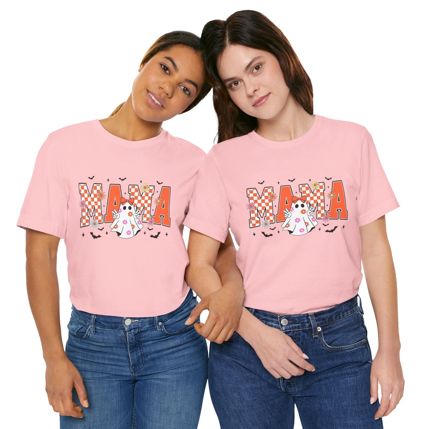 Mama Halloween T-Shirt — Cute Ghost & Checkerboard Lettering