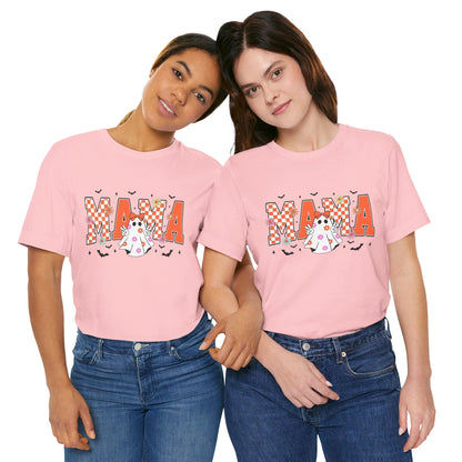 Mama Halloween T-Shirt — Cute Ghost & Checkerboard Lettering