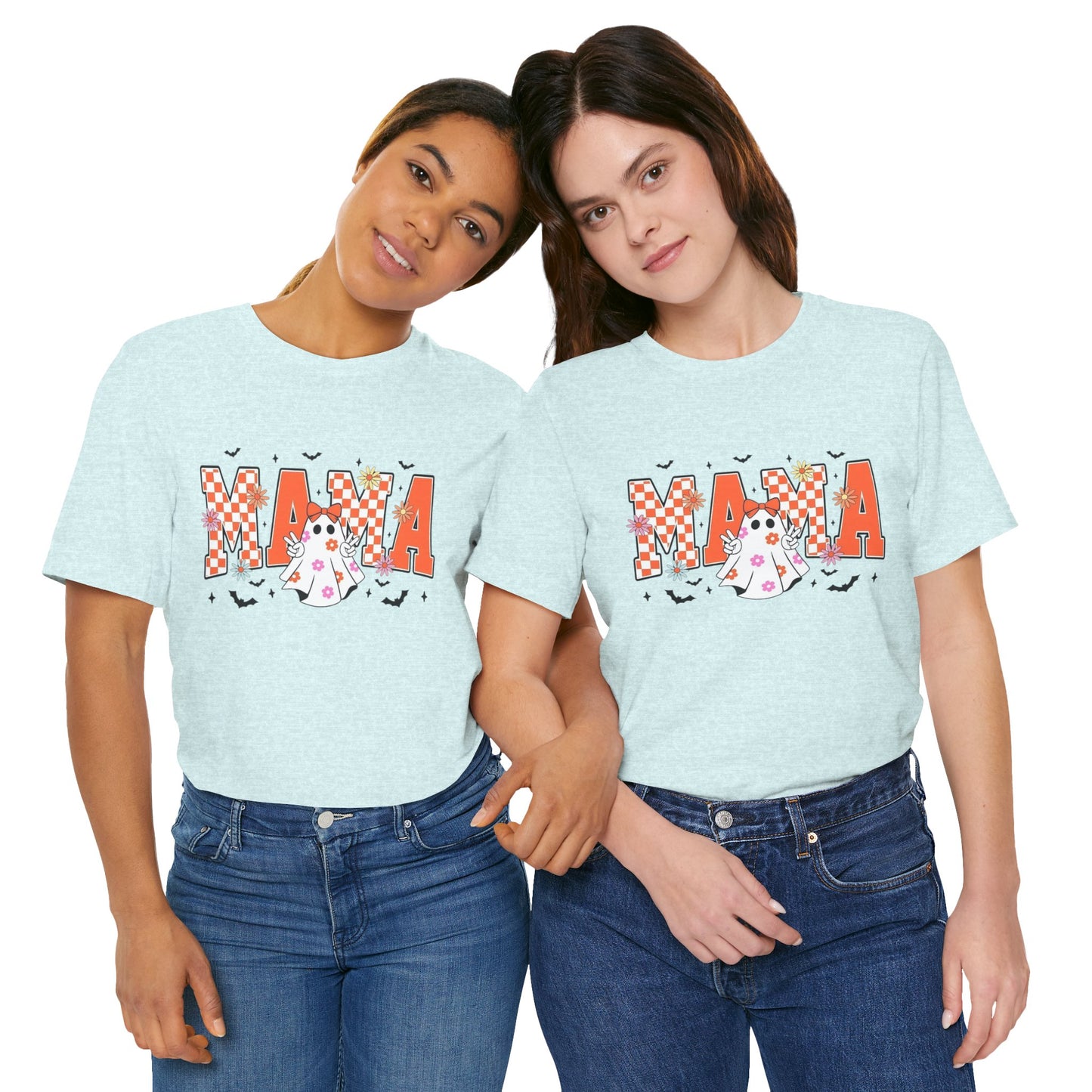 Mama Halloween T-Shirt — Cute Ghost & Checkerboard Lettering