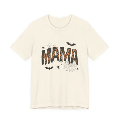 Mama Halloween Tee — Leopard Drip "MAMA" with Bats & Spiders Halloween Shirt