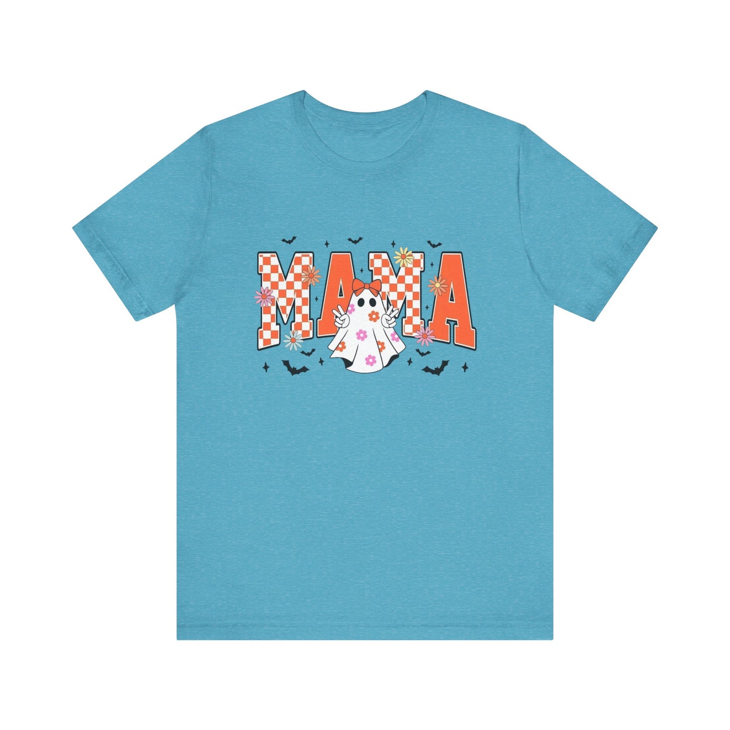 Mama Halloween T-Shirt — Cute Ghost & Checkerboard Lettering