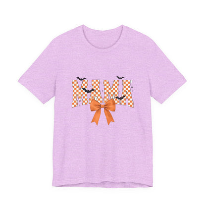 Mami Halloween Tee — Orange Checker 'MAMI' with Bow & Bats