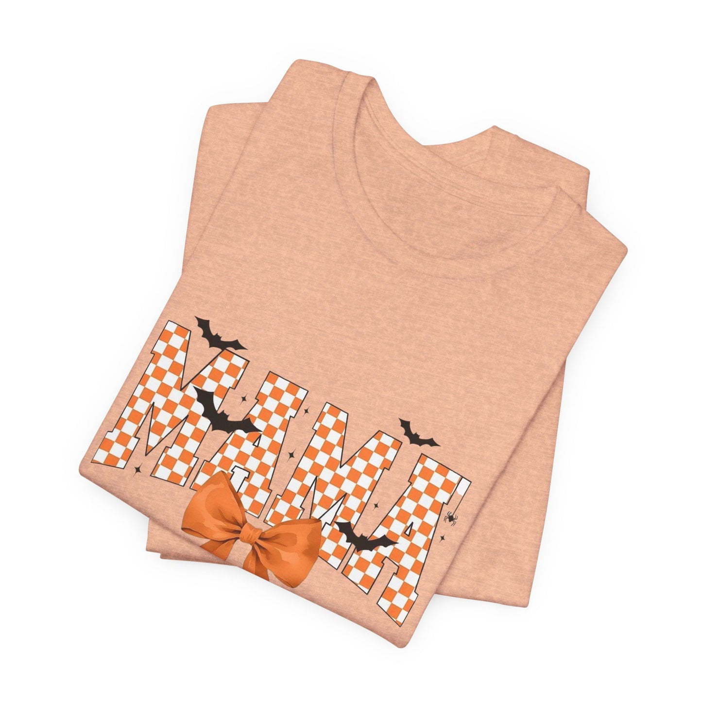Mami Halloween Tee — Orange Checker 'MAMI' with Bow & Bats