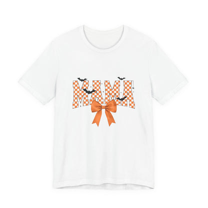 Mami Halloween Tee — Orange Checker 'MAMI' with Bow & Bats