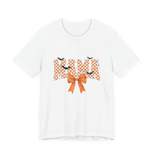 Mami Halloween Tee — Orange Checker 'MAMI' with Bow & Bats