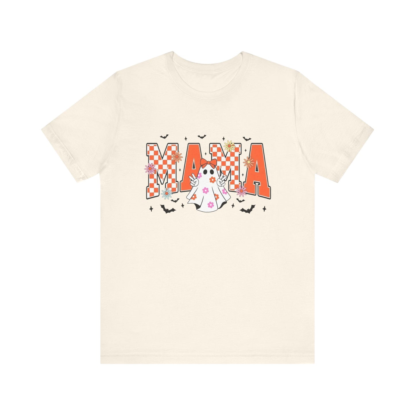 Mama Halloween T-Shirt — Cute Ghost & Checkerboard Lettering