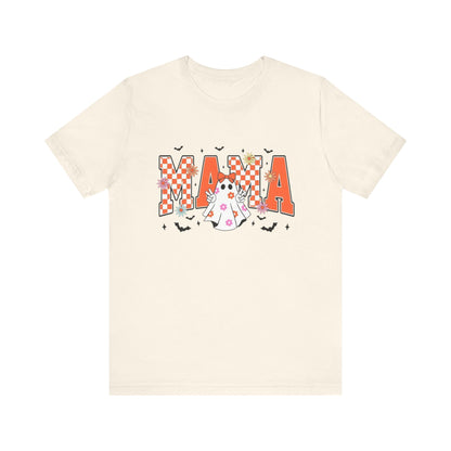 Mama Halloween T-Shirt — Cute Ghost & Checkerboard Lettering