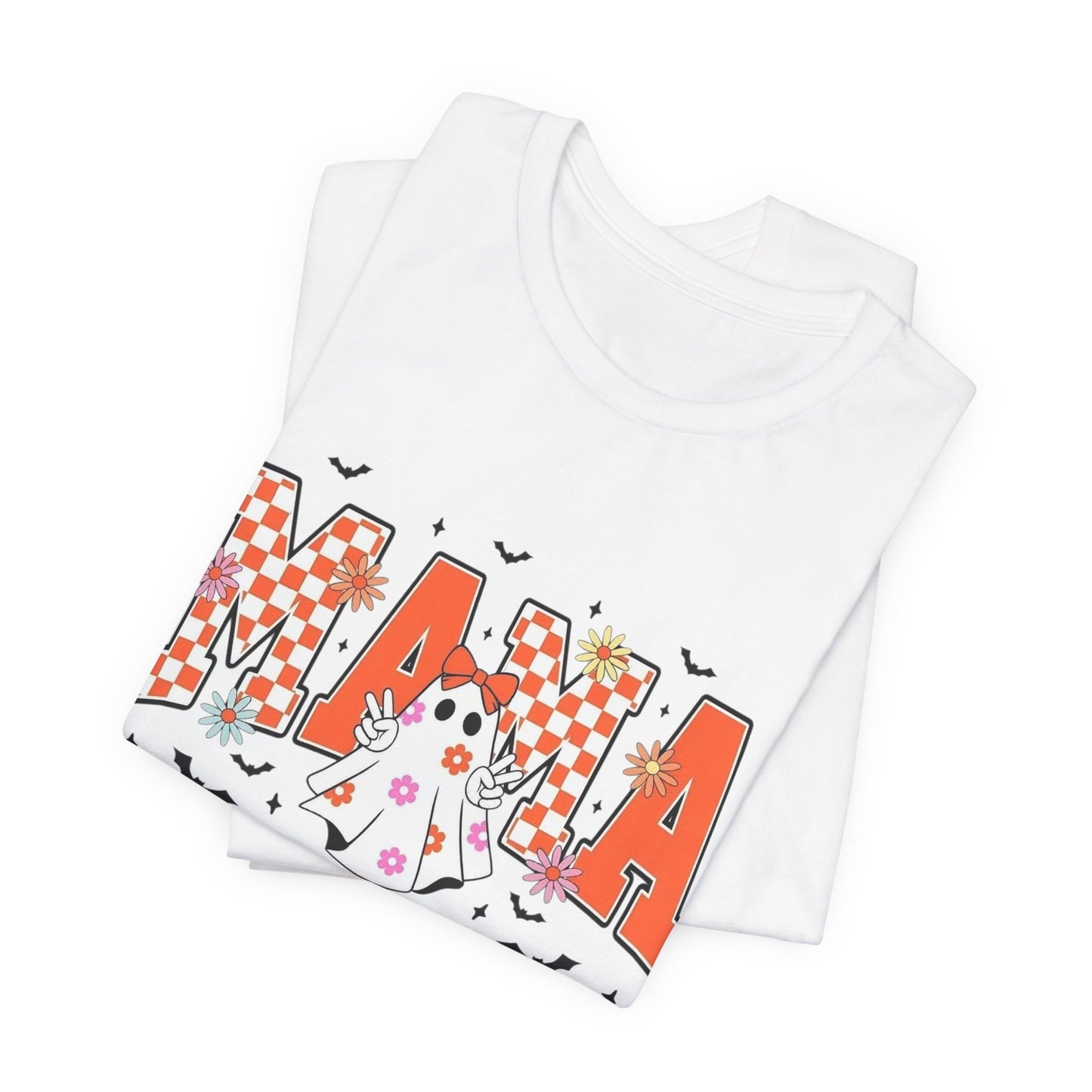 Mama Halloween T-Shirt — Cute Ghost & Checkerboard Lettering