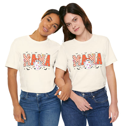 Mama Halloween T-Shirt — Cute Ghost & Checkerboard Lettering
