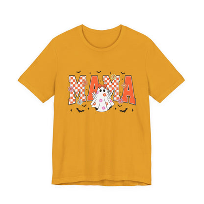 Mama Halloween T-Shirt — Cute Ghost & Checkerboard Lettering