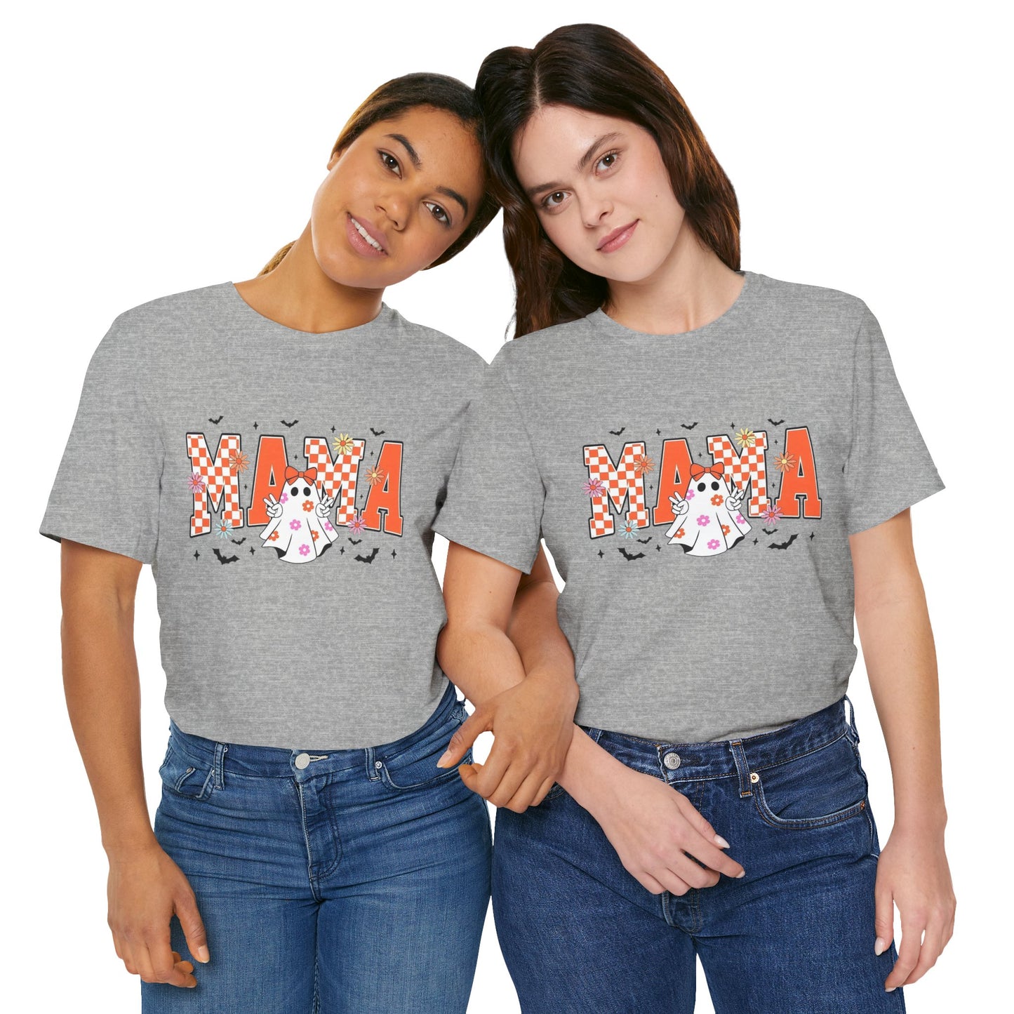 Mama Halloween T-Shirt — Cute Ghost & Checkerboard Lettering