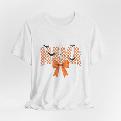Mami Halloween Tee — Orange Checker 'MAMI' with Bow & Bats