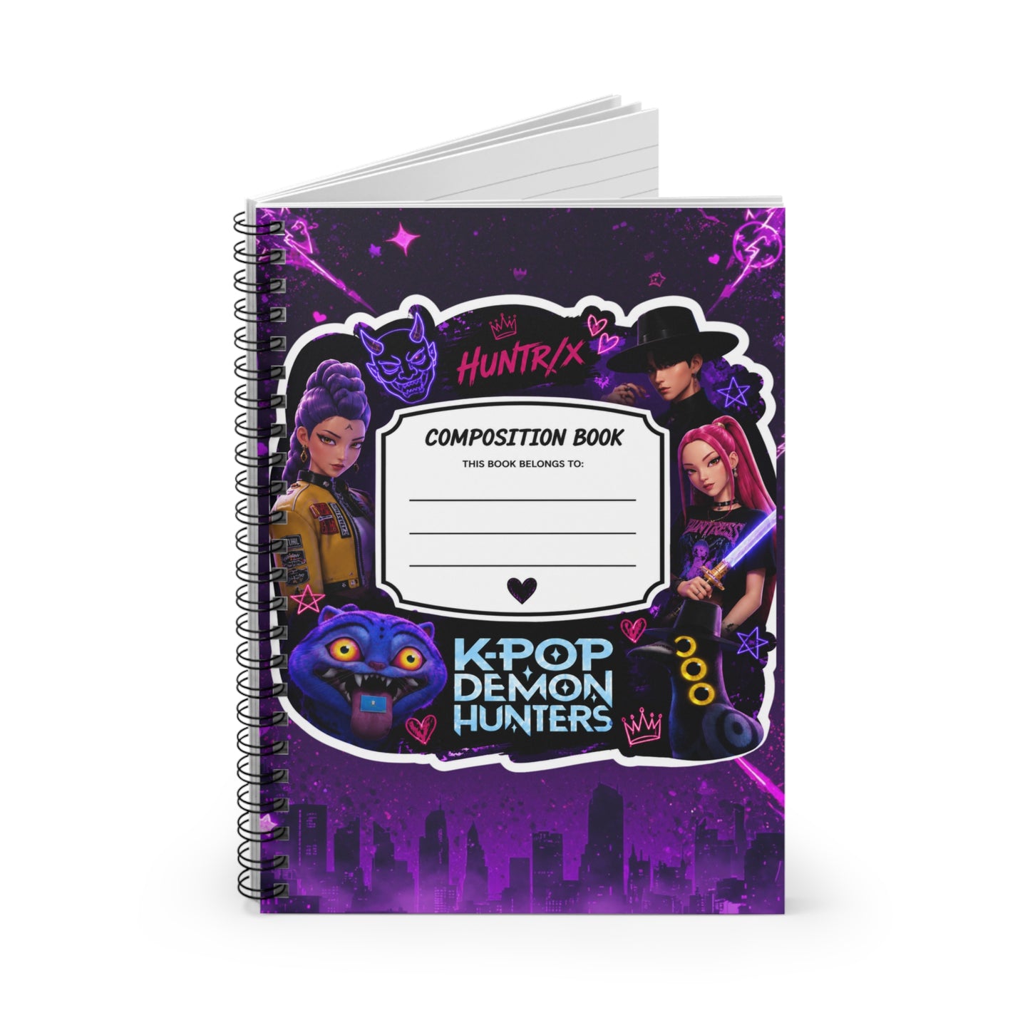 K-Pop Demon Hunters Spiral Notebook — Ruled Composition Book (Purple Neon Anime Design)